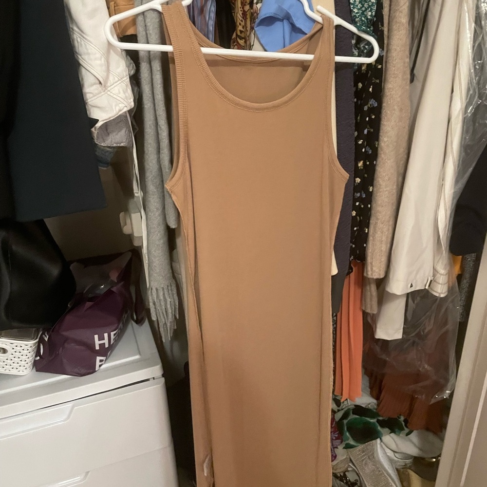 Amazon beige midi body con dress with leg slit